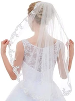 bridal veil fingertip length 1 tier floral embroider lace edge wedding veil with comb 2021
