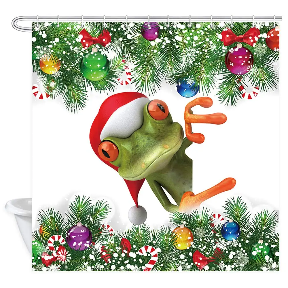 

Merry Christmas Shower Curtain Cute Frog in Xmas Hat Colorful Christmas Balls White Snowflake Decor Pine Fir Tree