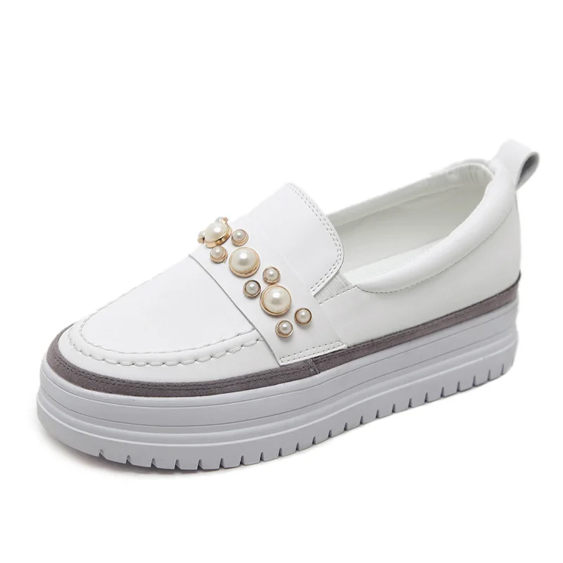 autumn women flat platform shoes new preppy style pearl sewing creeper muffins lazy microfiber slip on anti-skid loafers female | Обувь