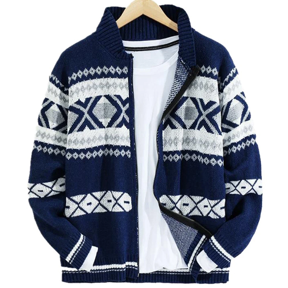 

European Ethnic Printed Jacquard Sweater For Men Winter Warm Cardigan Wool Blends Grid Sweater Blue Plus Size 4XL 5XL Clothing