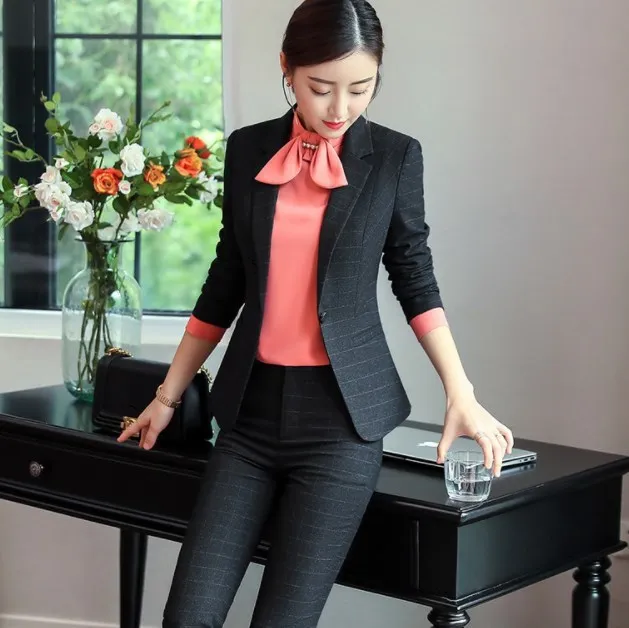 

Office Lady Black Blue Burgundy Plaid Trouser Suits Women Elegant Business Work Blazer Set Jacket and Pants Female Slim Pantsuit