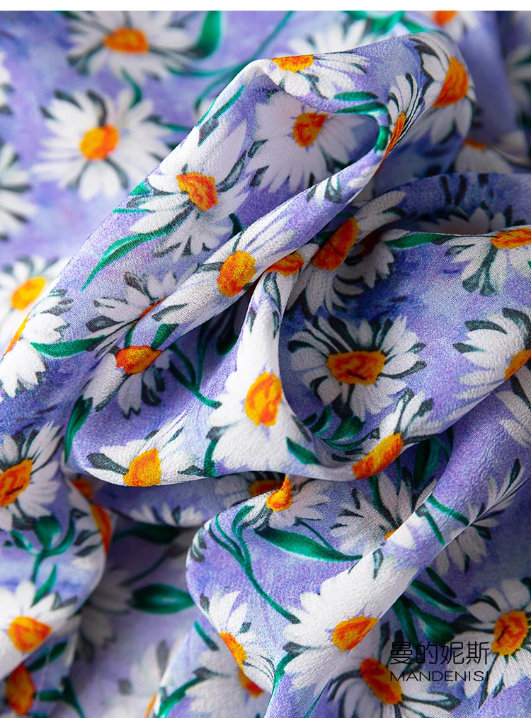 

SHUCHAN Daisy Print Dresses Women Sashes A-LINE Prairie Chic Mid-Calf V-Neck Summer 100% Natural Silk Empire