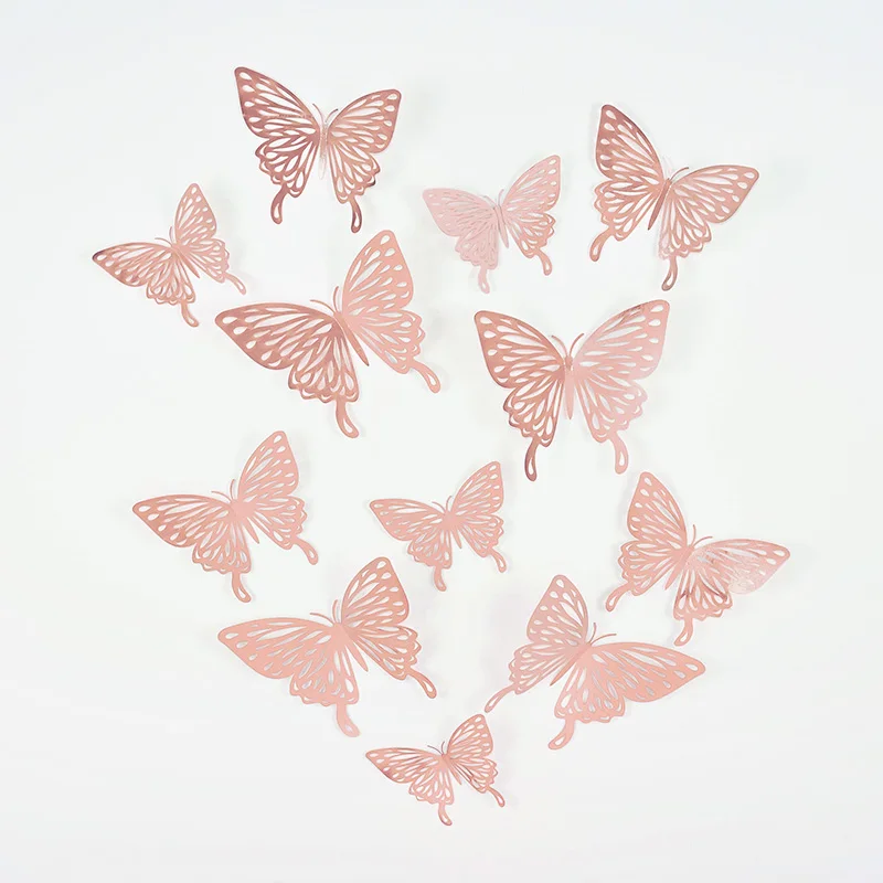 12/24Pcs Rose Gold 3D Hollow Butterfly Wall Stickers For Kids Room Living Room DIY Fridge Wall Decal Wedding Home Decoration