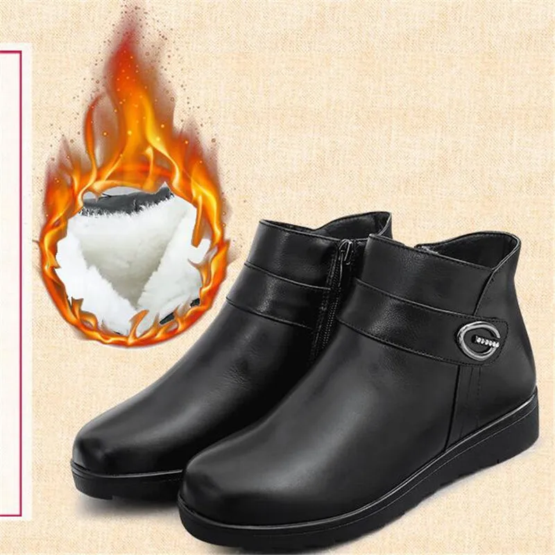 Женские зимние ботинки из воловьей кожи на плоской подошве теплые шерстяные