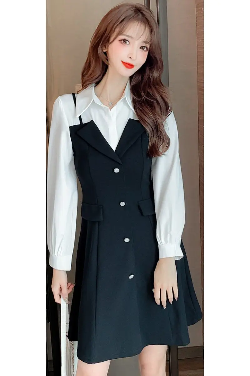 

COIGARSAM Patchwork Women one-piece dress korean New Spring Full Sleeve Dresses Black 1376