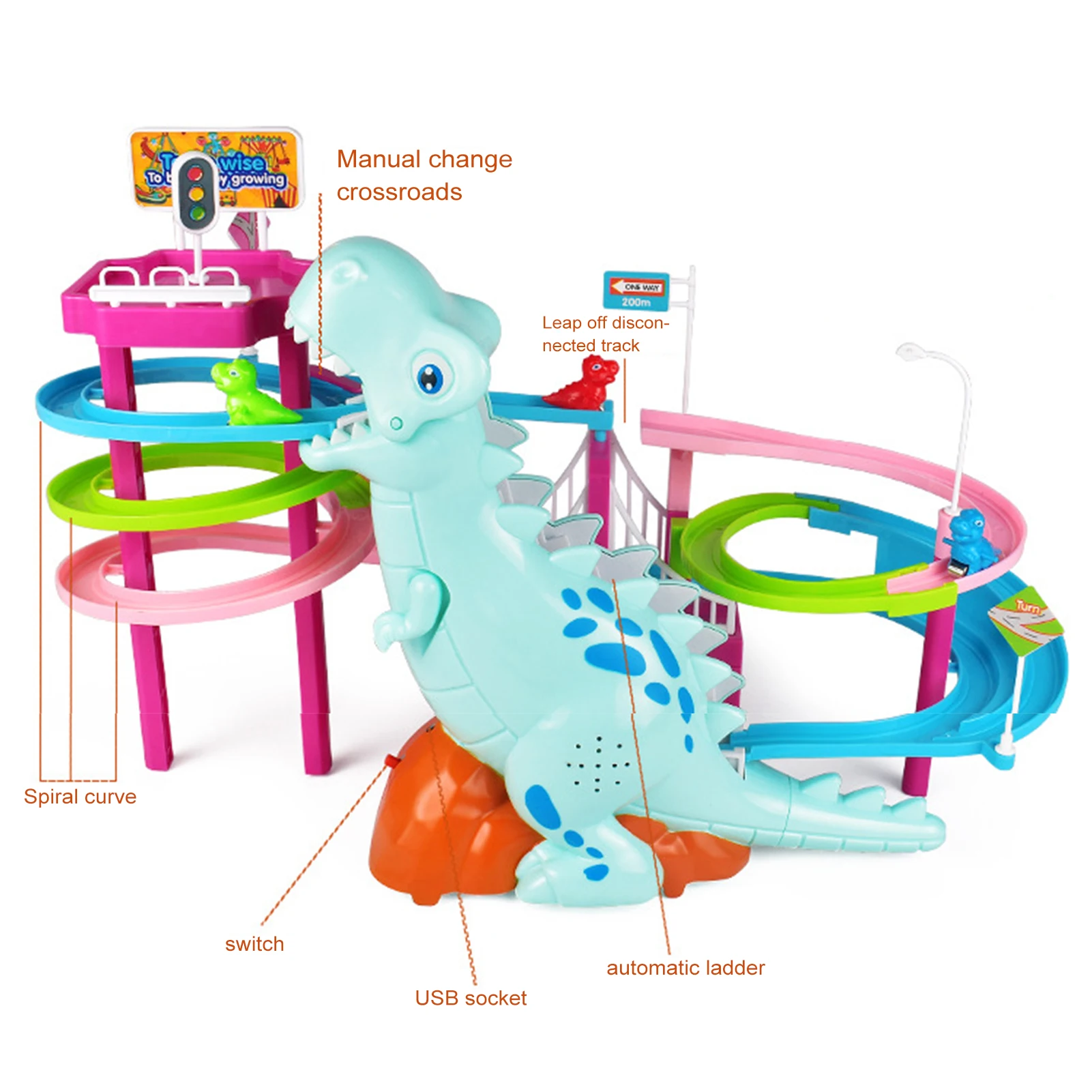 

Dinosaur toy track for boys and girls Dinosaur climbing stairs track educational toys Light music assembling toys for everyday