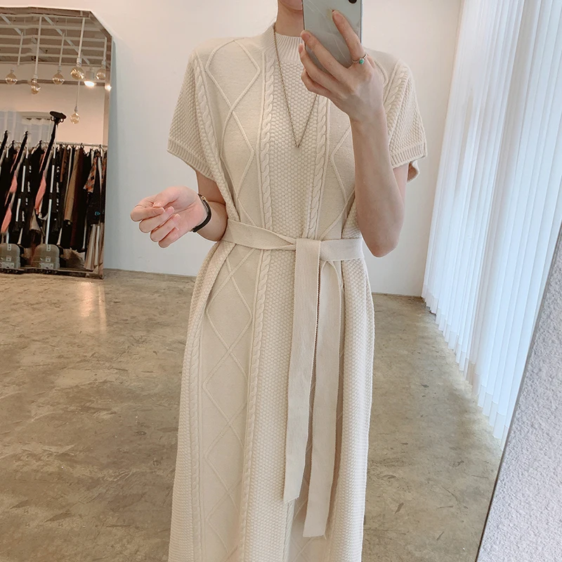 

ZCSMLL Korea chic simple wild round neck linen pattern sweater dress loose tie waist short sleeve knitted dress female