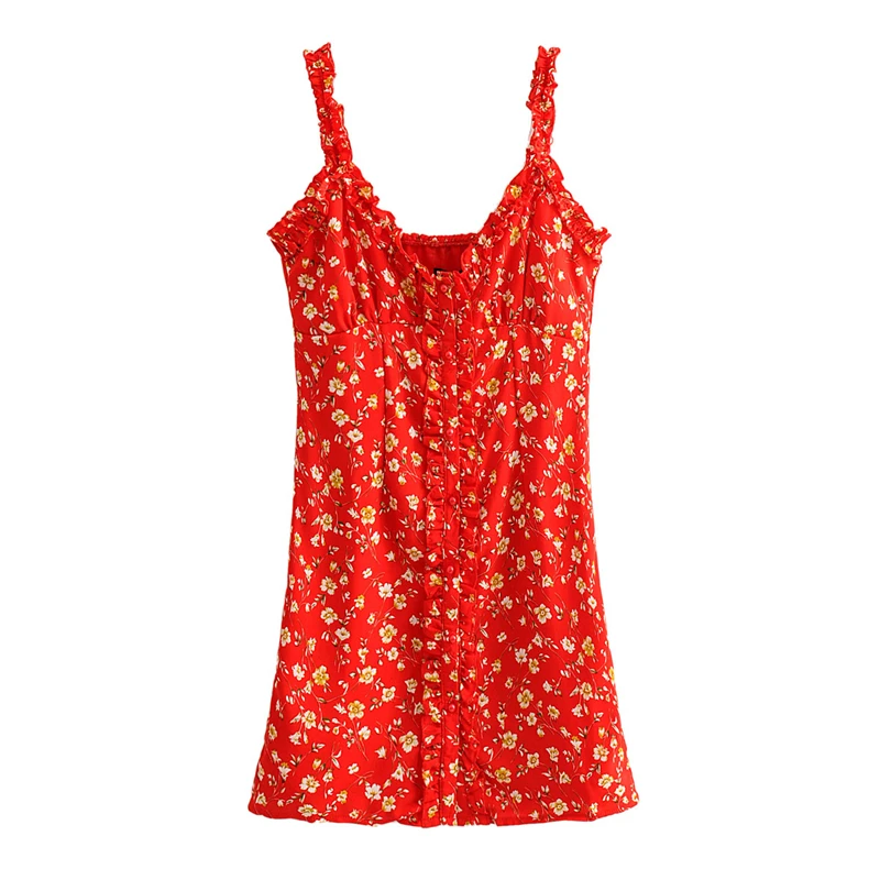 Женское мини-платье с цветочным принтом V-образным вырезом и оборками | Женская