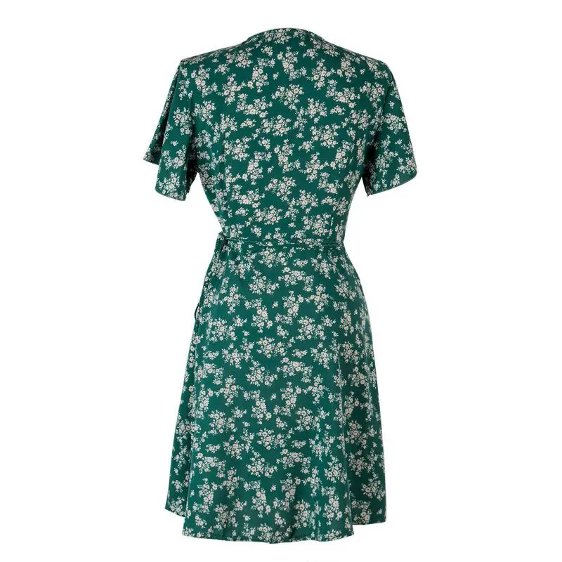 

ROPALIA Sexy V-neck Dress Summer Women Short-sleeved Waist Print Dress Boho Ladies Beach Vestidos