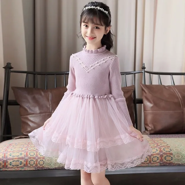

Rlyaeiz Fashion Beading Girls Knitted Dress 2019 Spring Autumn Long Sleeve Mesh Patchwork Girls Sweater Princess Dress Age 4-13Y