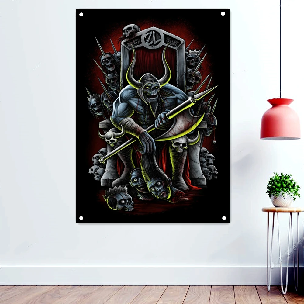 

Demon Throne Macabre Art Wallpaper Banners Wall Decor Death Metal Artist Posters Scary Bloody Drawing Rock Band Icon Flags Gifts