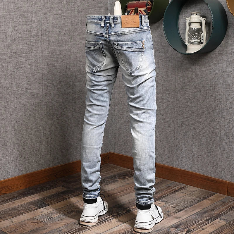 European Vintage Fashion Men Jeans Retro Light Blue Elastic Slim Ripped Jeans Men Embroidery Designer Korean Casual Denim Pants