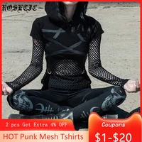 rosetic mesh long sleeve gothic hoodie women punk sexy see through black hooded tops streetwear sweatshirt halloween tops 2020