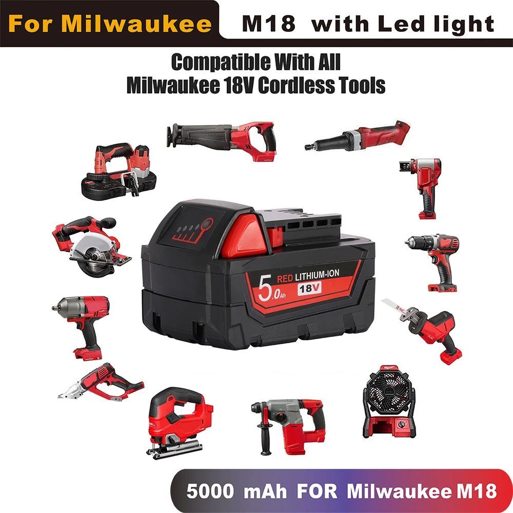 

18V 5Ah 5000mAh Li-ion Tool Battery for Milwaukee M18 48-11-1815 48-11-1850 2646-20 2642-21CT Repalcement Rechargeable Batteries