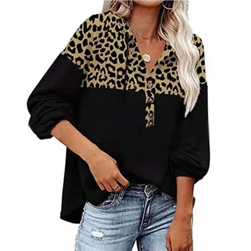 

2021 Autumn Winter Women Leopard Patchwork Casual Loose Hoodie Half Button Lace Up Hooded Sweatshirt 2021 New Fashion Hoodies