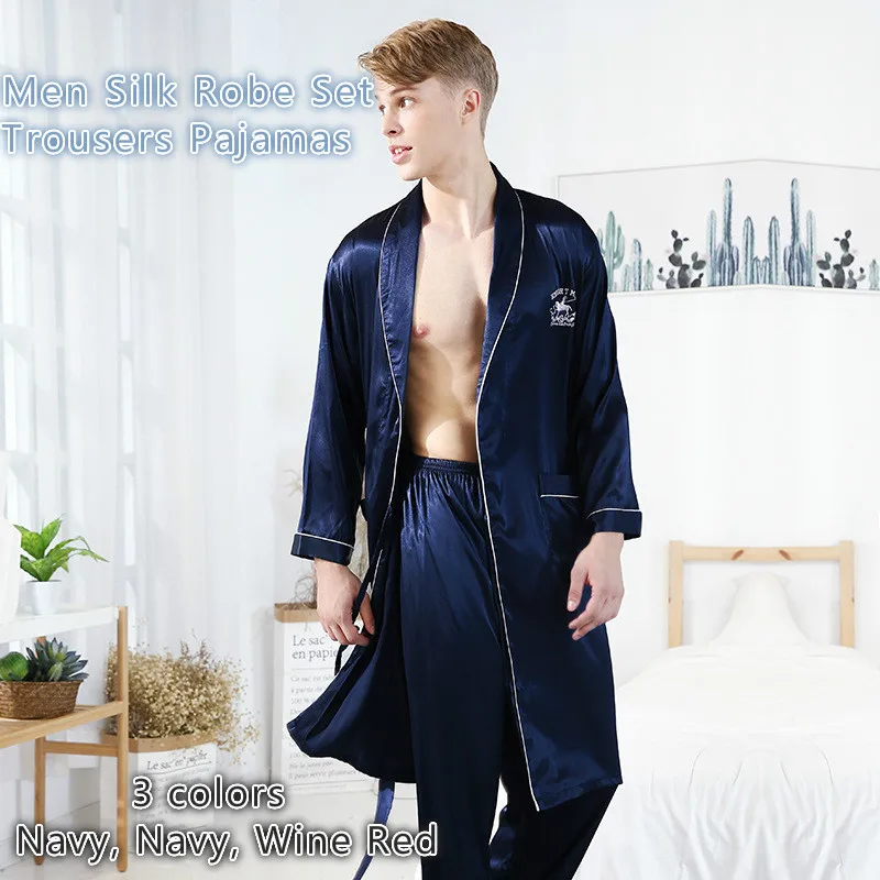 Men Robes Sets Sleepwear Silk Satin Pajamas Sexy Long Sleeve Trousers Gray Navy Wine Red Night Gowns | Мужская одежда