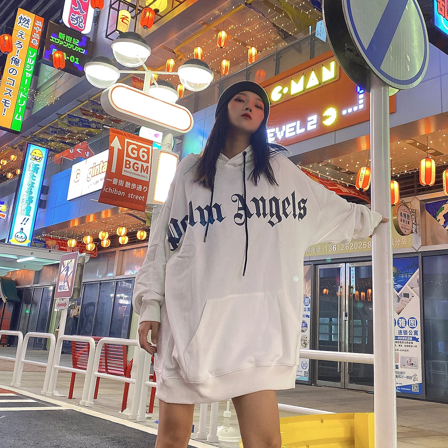 

Angels Letter Palm Print Hoodies Sweatshirts Hedging Long Sleeve Men's Loose High Street Trend 89852