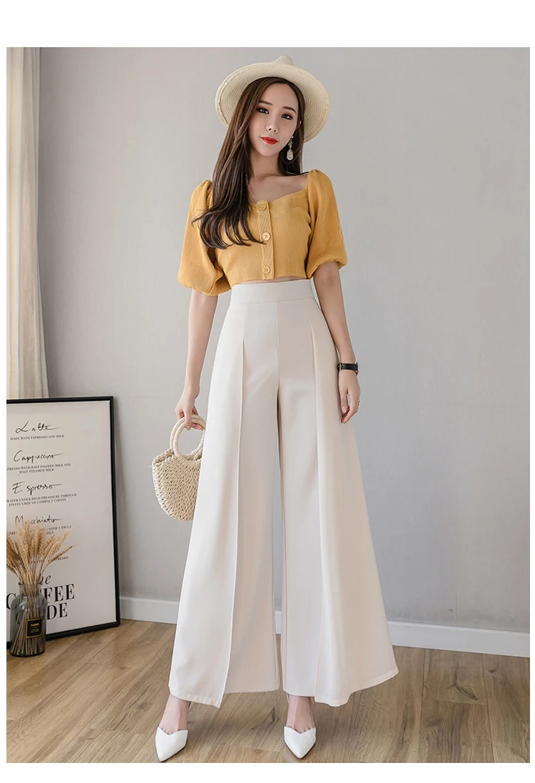 

High waist solid casual wide leg pants t198