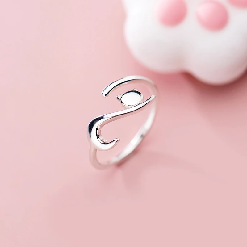MloveAcc 100% 925 Solid Real Sterling Silver Fashion Sweet Cute Cat Opening Adjustable Ring for Women Teen Girl Kid Jewelry Gift - Кольцо на регулируемой основе из 100% настоящего серебра 925 пробы с изображением милой кошки для женщин, девочек-подростков