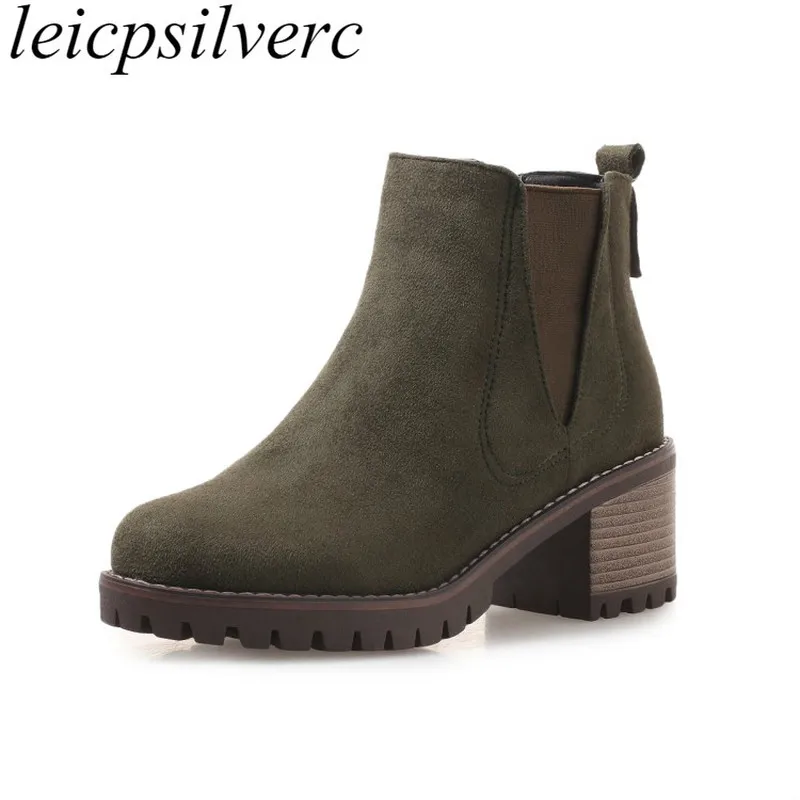 Женские ботинки Сезон осень зима Теплые ботильоны из флока на высоком каблуке с