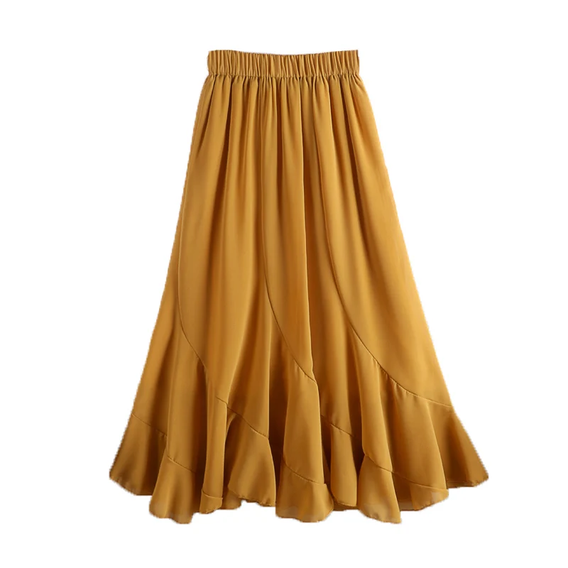 

Summer new elastic high waist show thin medium length irregular Chiffon splicing fishtail skirt women's skirt w252
