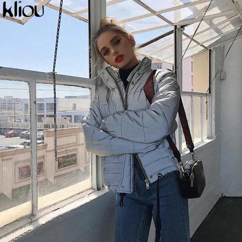 Kliou Зимняя Толстая куртка Женская парка светоотражающее длинное пальто на молнии водолазка уличная Женская мода теплая куртка одежда