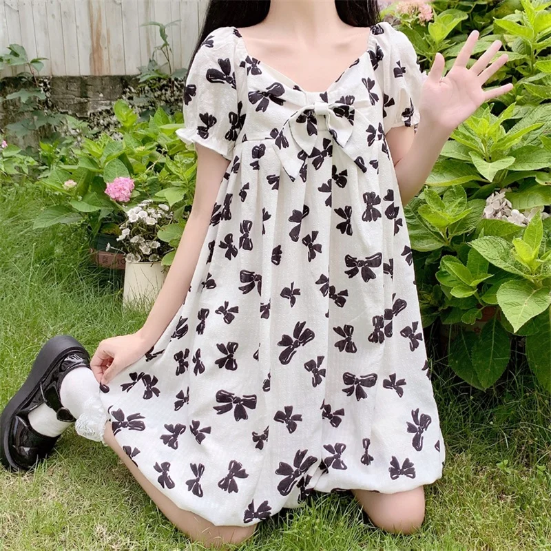 

Japanese Summer New Cute Soft Girl College Style Dress Kawaii V-Neck Bow Puff Sleeve Sweet Bow Printing A-Line Mini Dresses