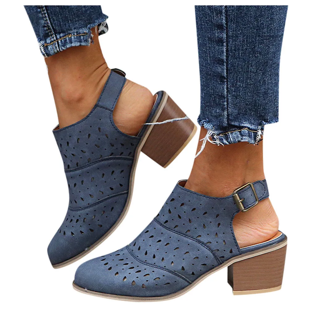 Vintage Rome Women's Ladies Sandals Hollow Out Square Heels Shoes Pure Color Solid Women Summer sandalias mujer 2020 |