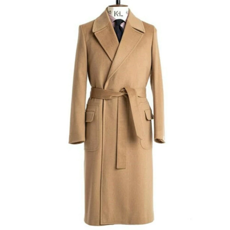 

High Quality Khaki Woolen Peak Lapel Men Overcoat With Belt Thick Warm Custom Made Long Coat Casual Formal Business Office Wear