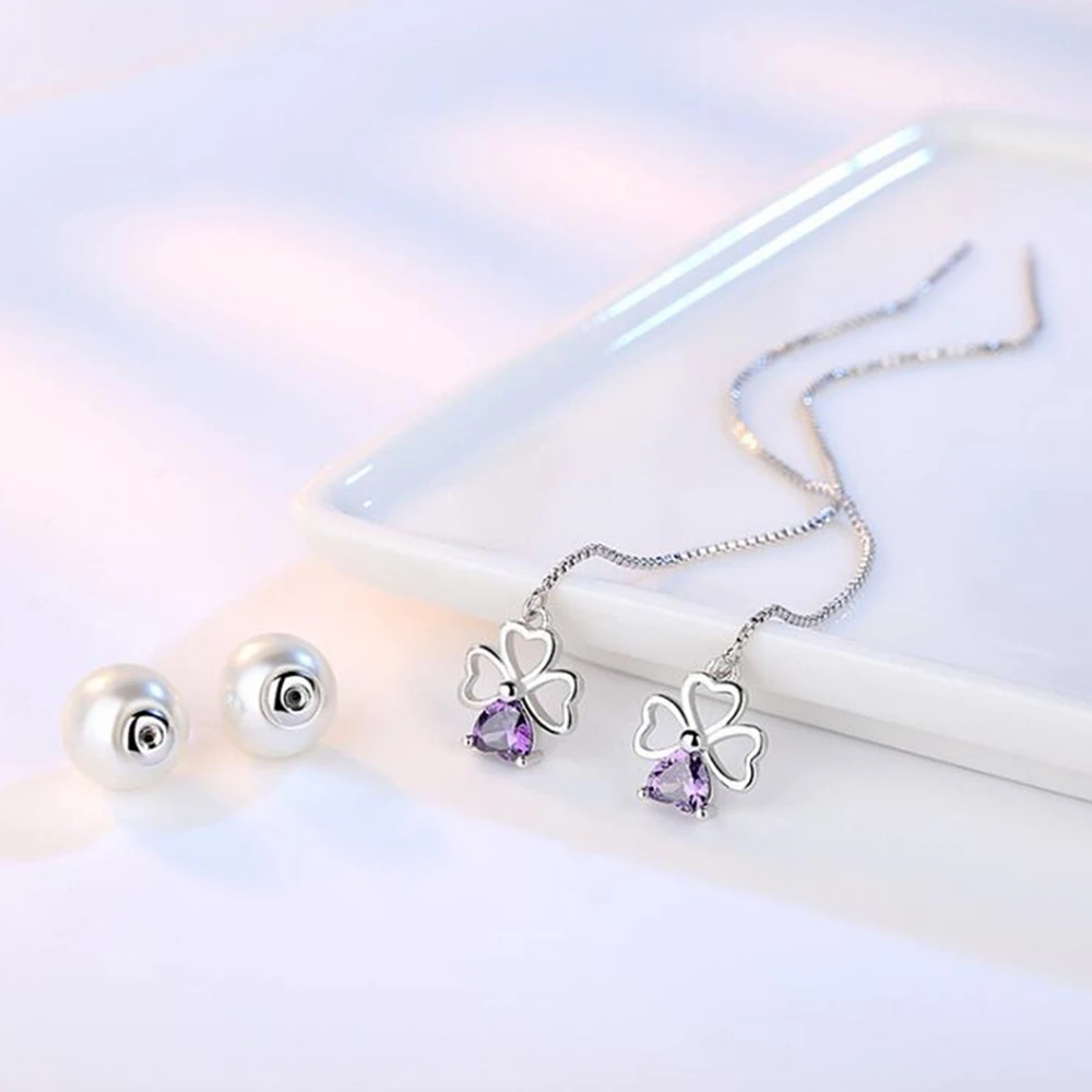 

Fashion Silver Jewelry Love Shaped Purple Zircon Flower Lucky Leaf Ear Long Paragraph Tassel Drop Earrings Women's Jewelry