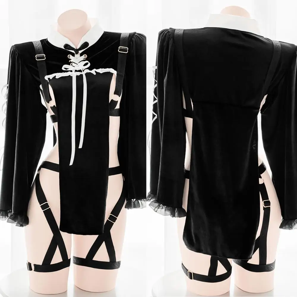 

2021 Underwear Suit Lolita Hollow Out Short Cheongsam Dress Cosplay Women's Gothic Retro Sexy Velvet Binding Elastic Perspective