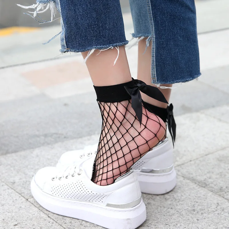 Женские ажурные носки до щиколотки короткие с рюшами и бантом сетчатые кружевные