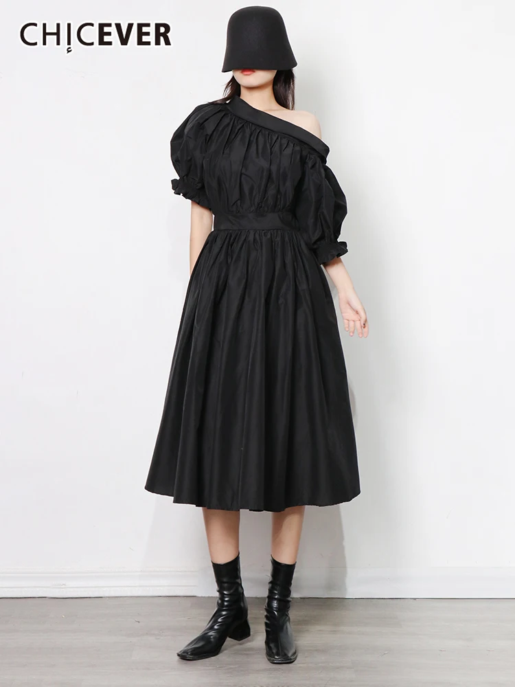 

CHICEVER Pink Fold Pleated Dress For Women Diagonal Collar Short Sleeve High Waist Solid Midi Dresses Female Korean Fashion 2021