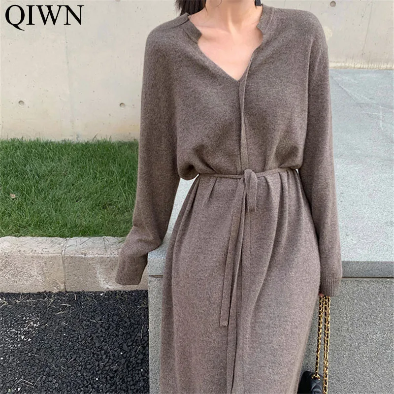 

Women Knitted Sweater Dress One Piece Autumn V-Neck Full Sleeve Midi Dress 2020 New Winter Woman Lace-Up Casual Office Dresses