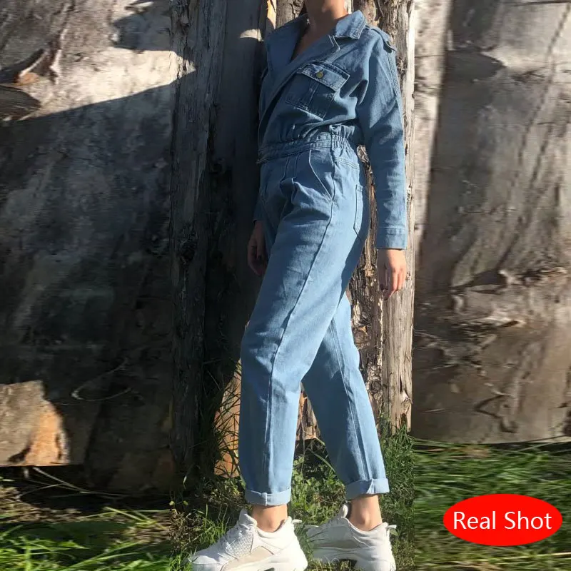 Женский комбинезон BF синий с длинным рукавом и высокой талией|Женские