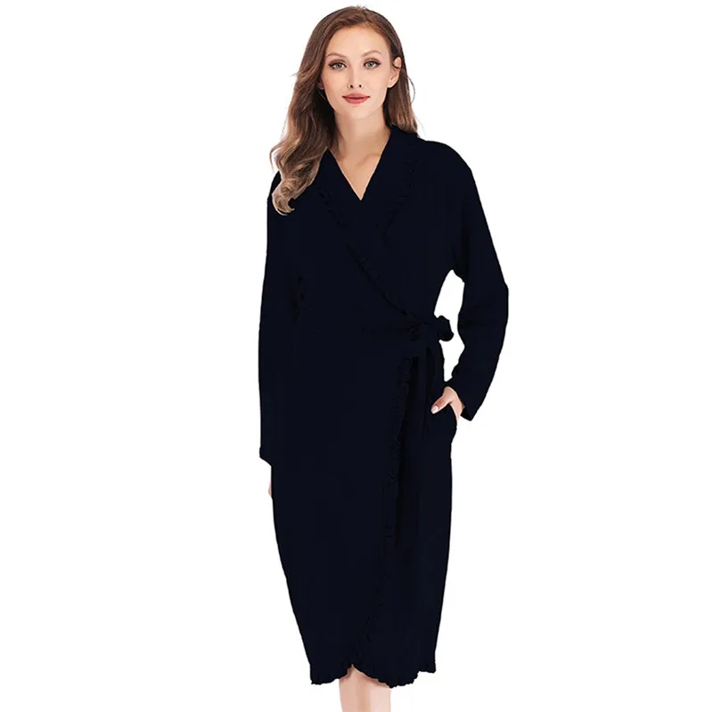 Design Women Sleepwear Elegant Kimono Robe Ladies Winter Autumn Casual Bathrobe Loose Ruffle Soild Bathroom Spa Robes For Women