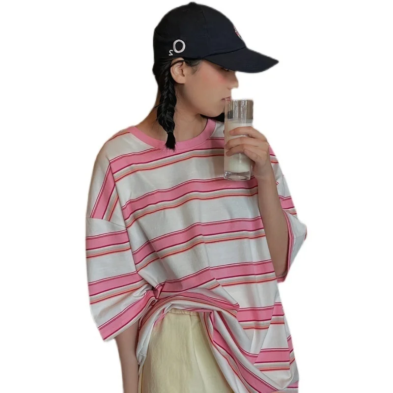 

Pink Striped Short-Sleeved T-shirt for Women 2021 New Niche