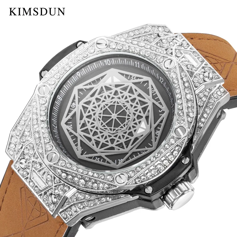 Часы KIMSDUN Мужские кварцевые с серебристыми бриллиантами роскошный подарок для