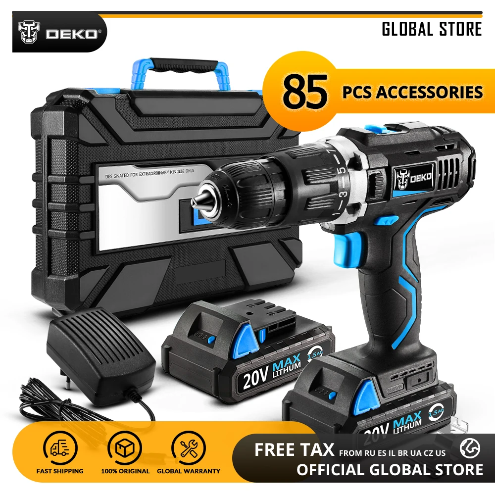 DEKO GCD20DU3 20V MAX Lithium Battery DIY Power Driver Variable Speed Electric Screwdriver Impact Cordless Drill with LED Light