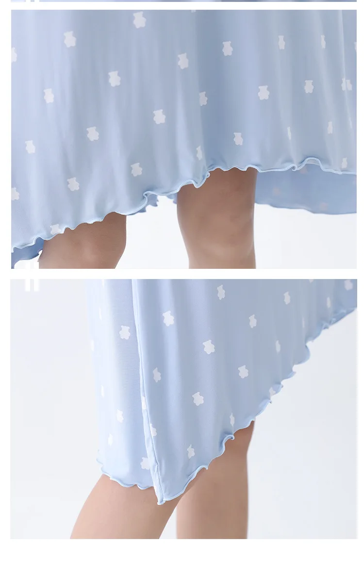 

Modal Bear Print Nightdress for Female Long-sleeved Round Neck Nightie for Women Simple Mid-length Sleepshirts Spring and Summer