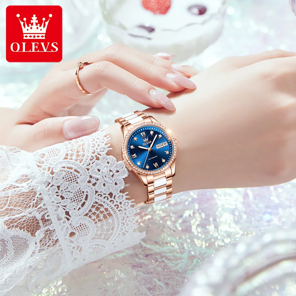 OLEVS New Rose Gold Ladies Ceramic Watch Ladies Mechanical Watch Waterproof Brand Sports Luminous Watch Zegarek Damski 6637 enlarge