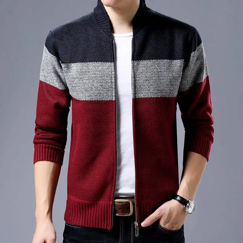 

Spring And Autumn New Men 's Cardigan Single-Breasted Fashionable Knitted Plus Size Sweater Color Stitching Stand-Collar Coat