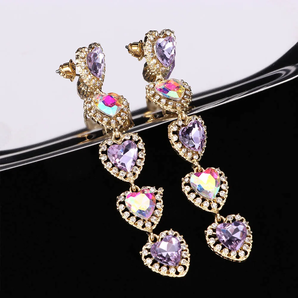 Серьги подвески в Корейском стиле с розовыми цветными кристаллами длинные