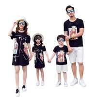 2021 summer family matching outfits mom daughter black poker face strapless shoulder dress dad son short t shirt couple clothes
