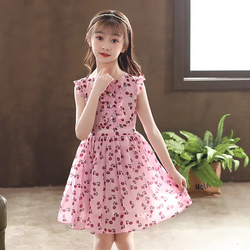 

Chaofan Korean Printed Dress Girls' Wear Summer Sweet Children Chiffon Skirts Large Children's Wear Light Fashion Thin Skirts
