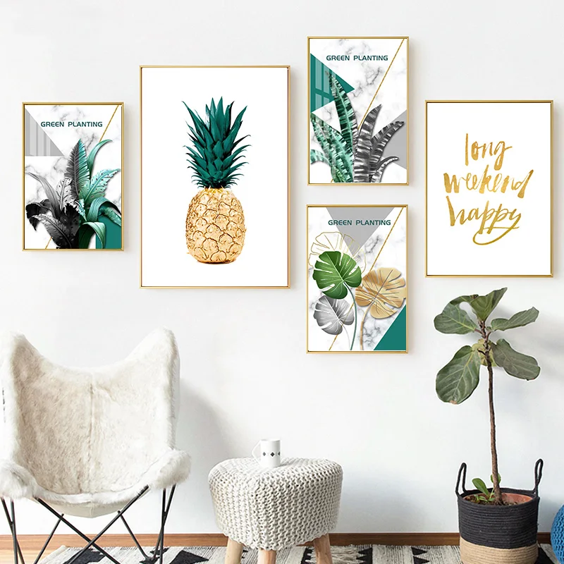 Тропические растения монстера и банан лист ананас настенная Картина на холсте
