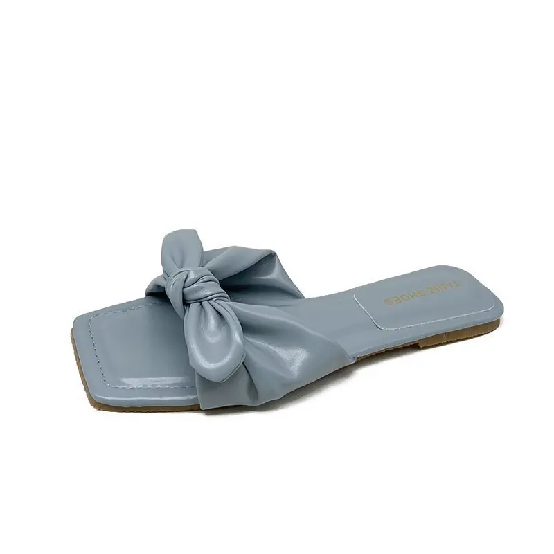

Female Shoes Low Butterfly-Knot Ladies' Slippers Square Toe Luxury Slides 2021 Flat Designer Summer PU Hoof Heels Butterfly-knot