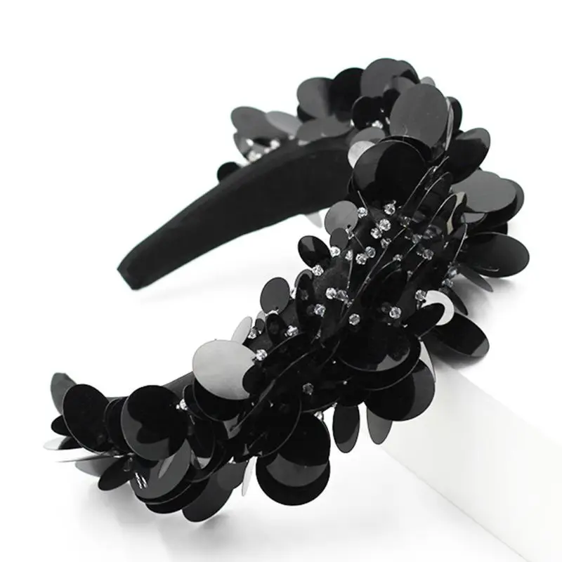 

Ladies Sponge Padded Headband Black Round Discs Flake Sequins Hair Hoop Faux Crystal Beading Jewelry Prom Party Bandana