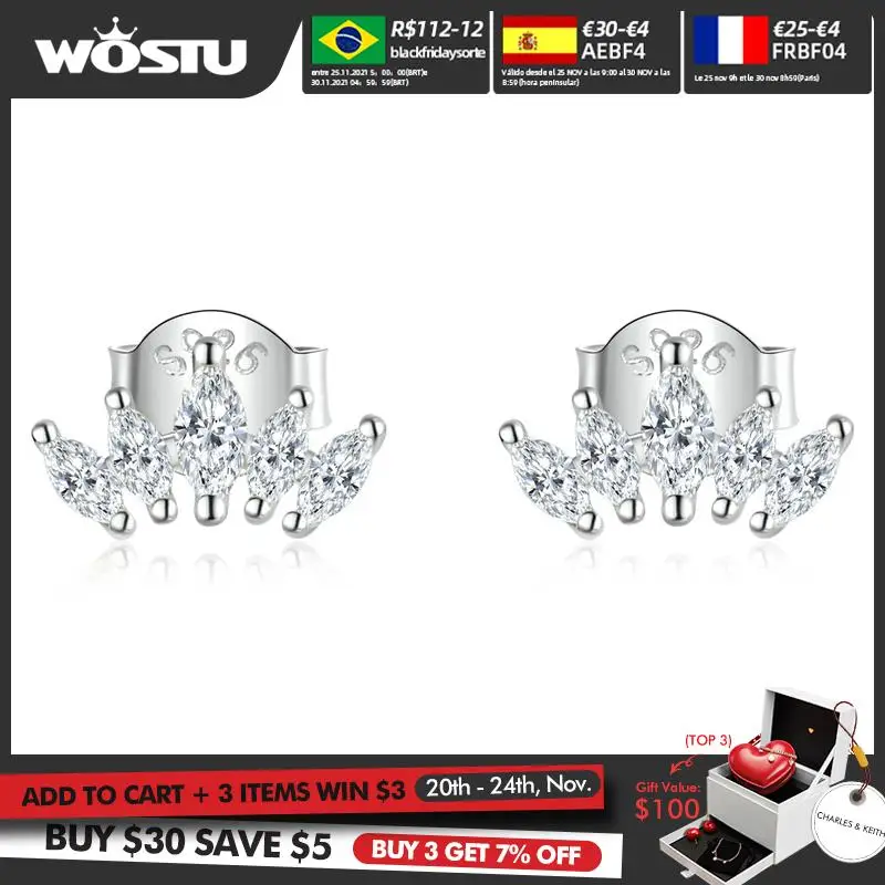 WOSTU 925 Sterling Silver Beautiful Shining Crown Zircon Stud Earrings For Women Wedding Fashion Anniversary Jewelry CTE521 | Украшения и