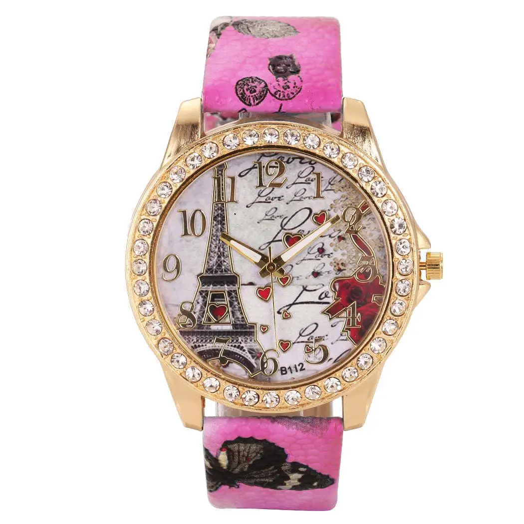 Women Rhinestones Tower Pattern Dial Quartz Wrist Watch Print Band Watches Clock Wristwatch Girls Ladies Students Relojes | Наручные часы